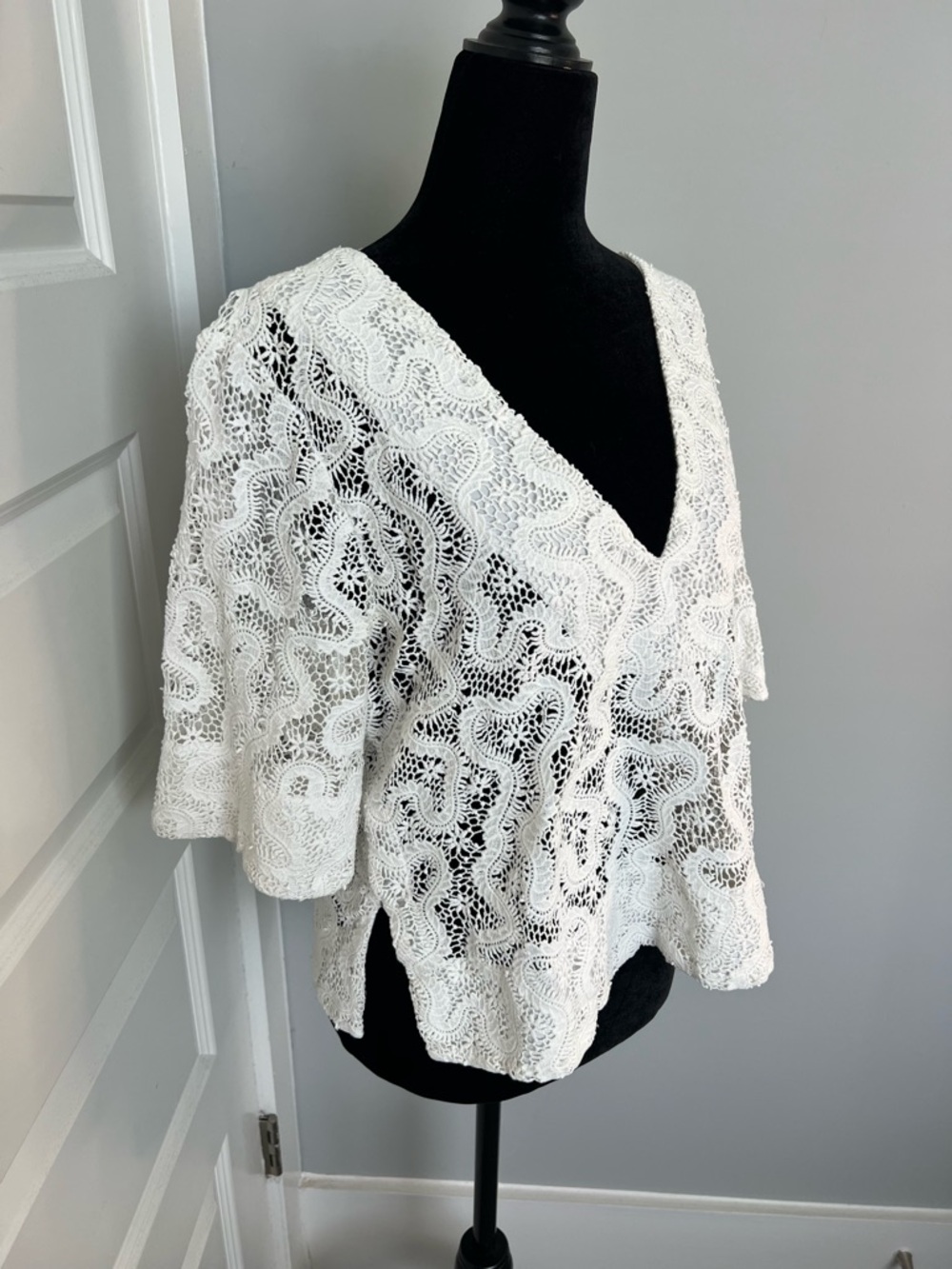 A.L.C. Virginia Cropped Abstract Lace V-Neck Top